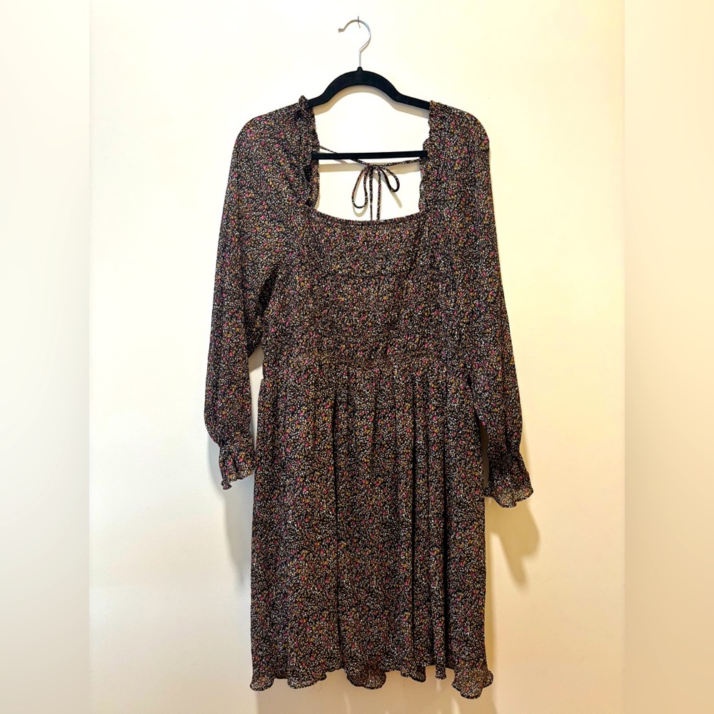 Dex Brown and Black floral Bishop Sleeve square neck sundress - 1X